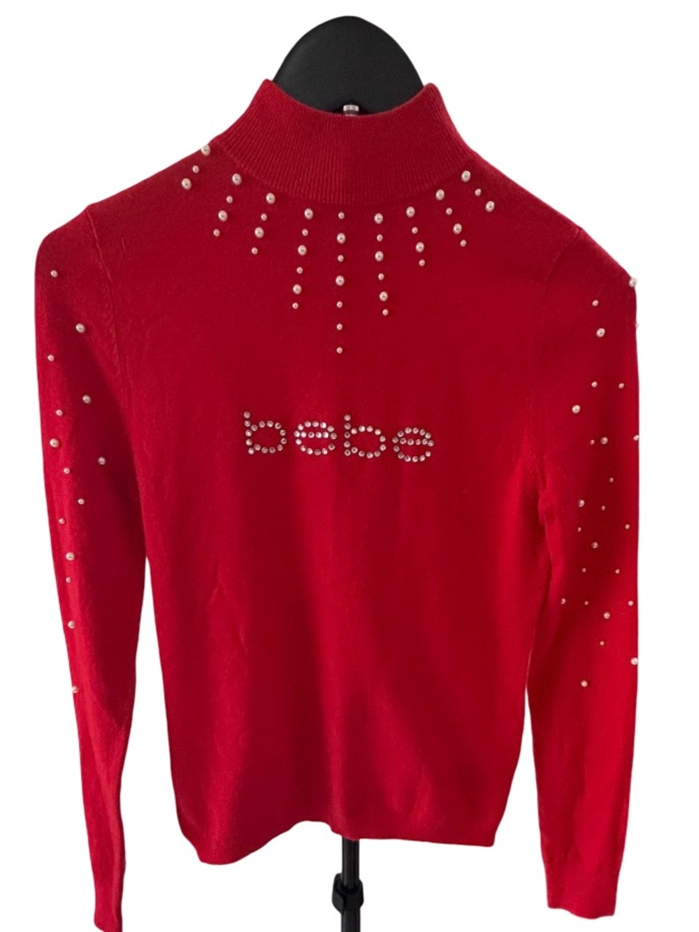 bebe Red Rhinestone Mock Neck Sweater